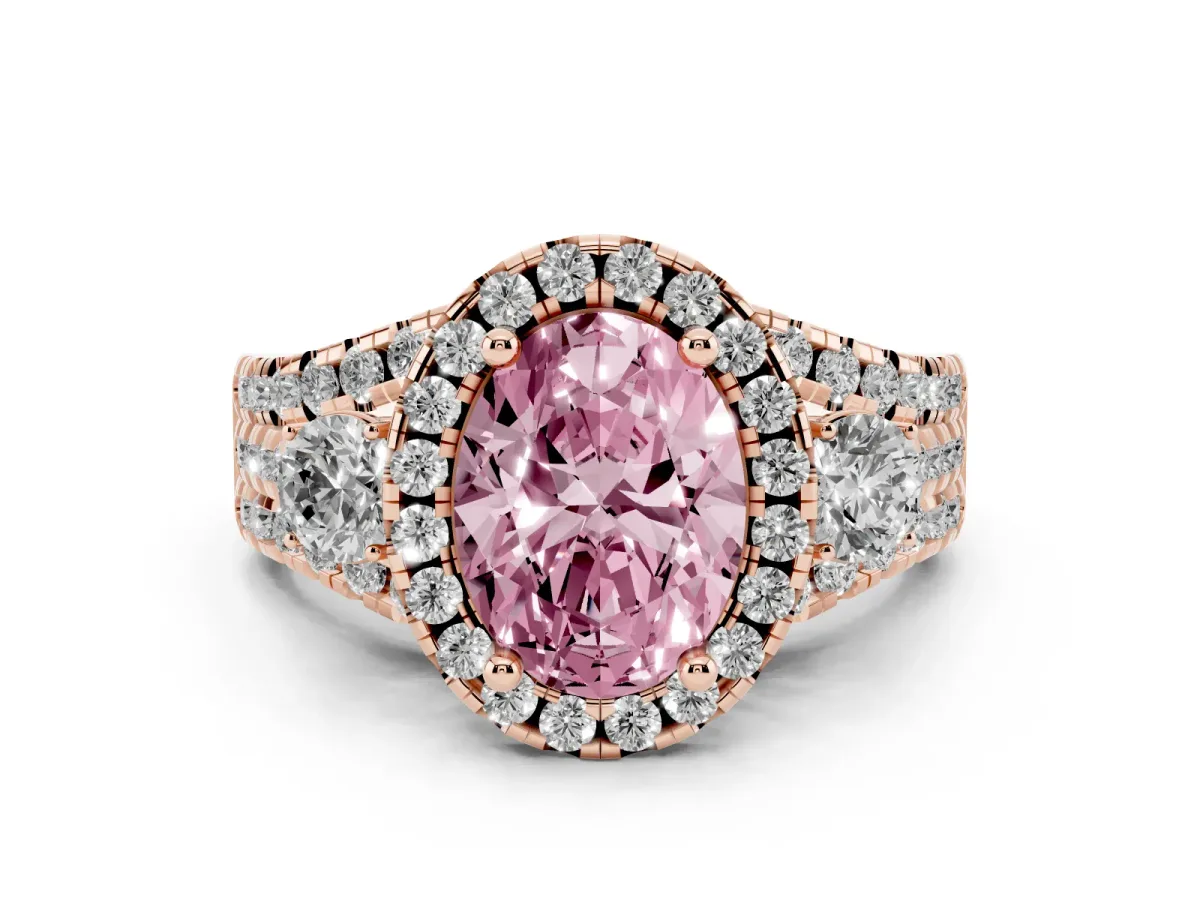 Fancy Pink Oval Cut Diamond Halo Split Shank Ring Set in Rose gold with Round Accent Stones and Prong Setting