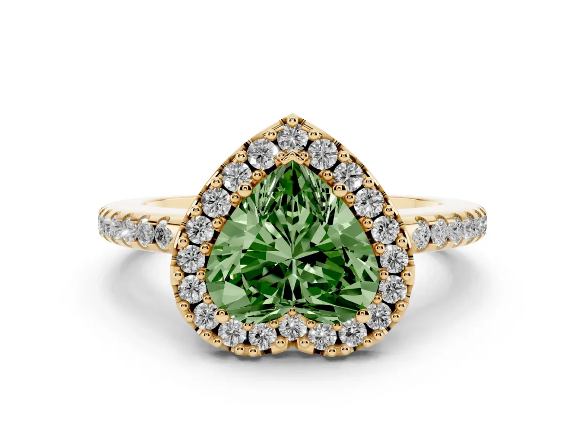 Fancy Green Heart Cut Diamond Pavé Halo Ring Set in Yellow gold with Prong Setting
