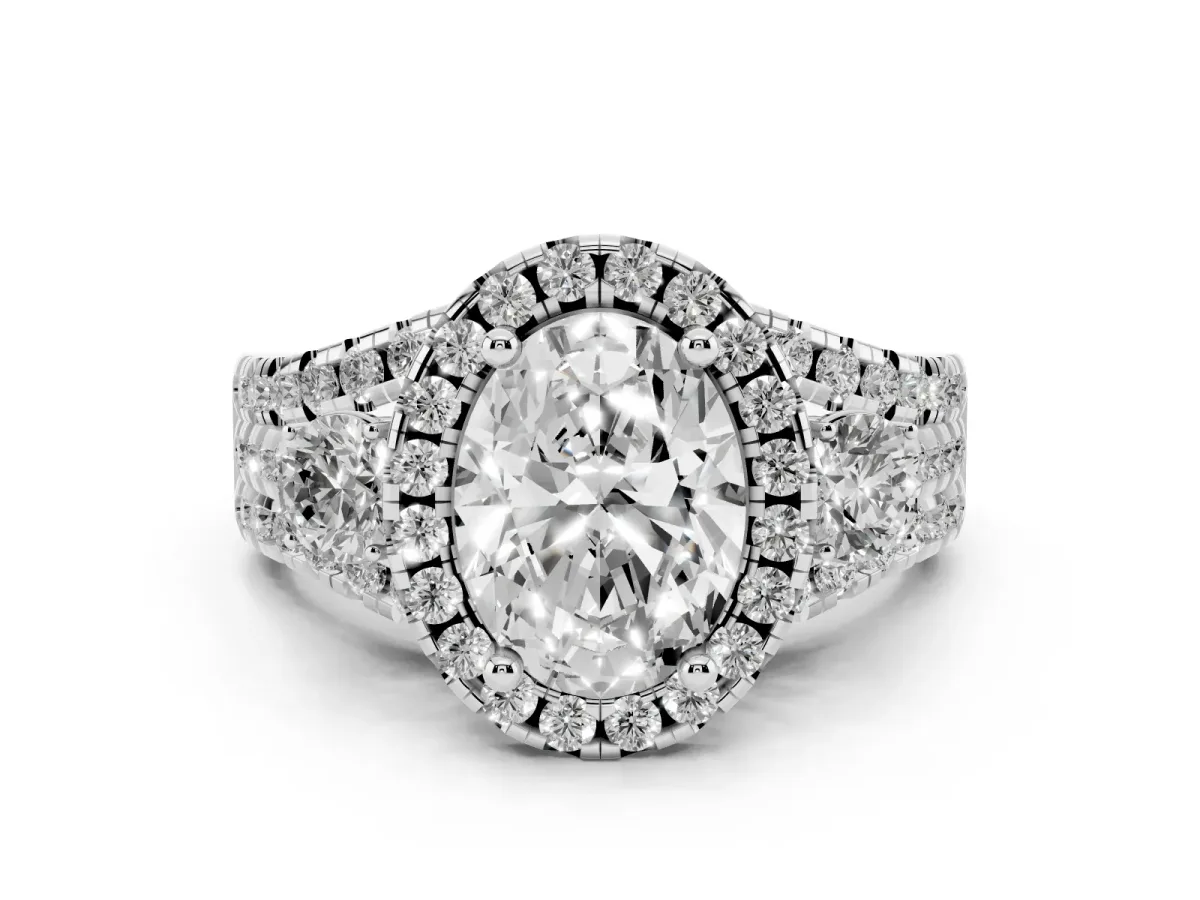 Oval Cut Diamond Halo Split Shank Ring Set in Platinum with Round Accent Stones and Prong Setting