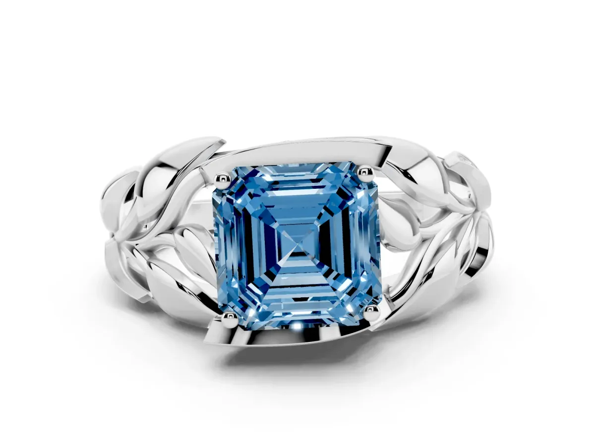 Fancy Blue Asscher Cut Diamond Leaf-Inspired Engagement Ring Set in Silver with Round Accents