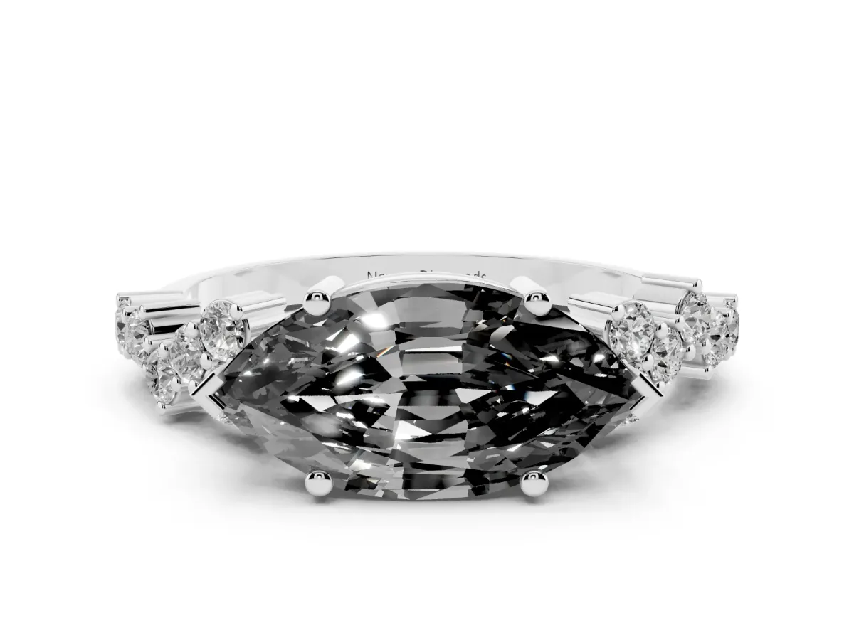 Fancy Black Marquise Cut Diamond Ring Set in White gold with Scattered Round Accents
