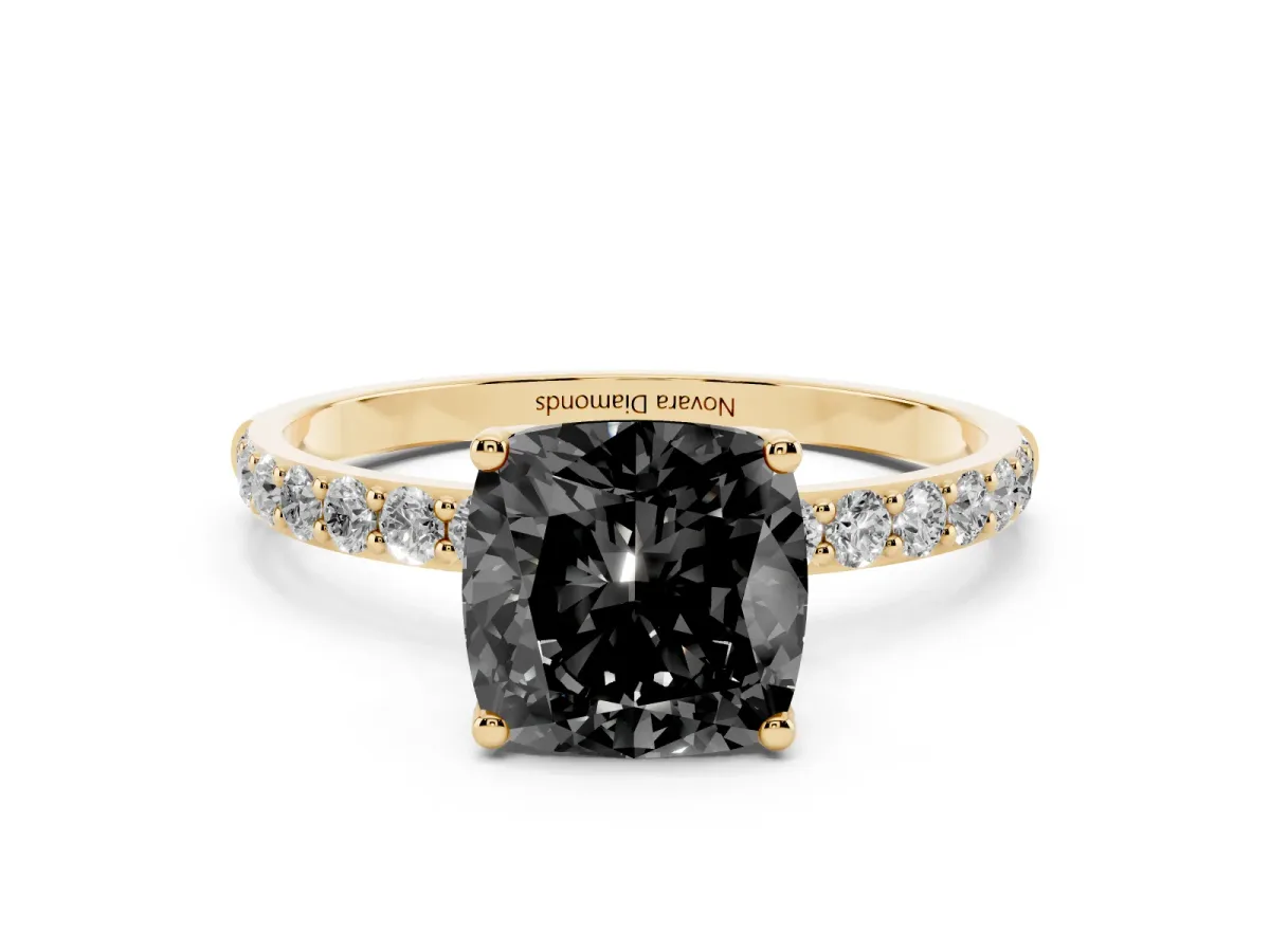 Fancy Black Cushion Cut Diamond Solitaire Engagement Ring Set in Yellow gold with Round Pavé Band and Prong Setting