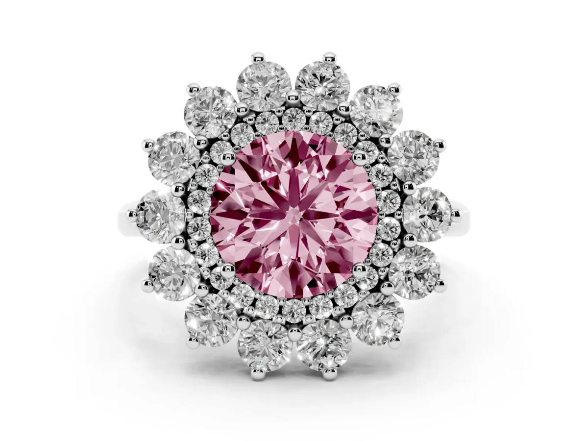 Fancy Pink Round Cut Diamond Floral Double Halo Ring Set in White gold with Round Petals