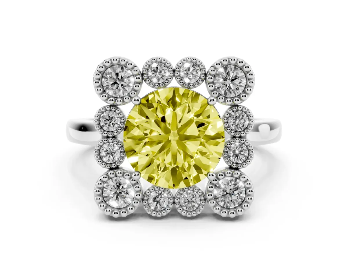 Fancy Yellow Round Cut Diamond Cluster Halo Ring Set in Silver with Milgrain Bezel Accents and Plain Band