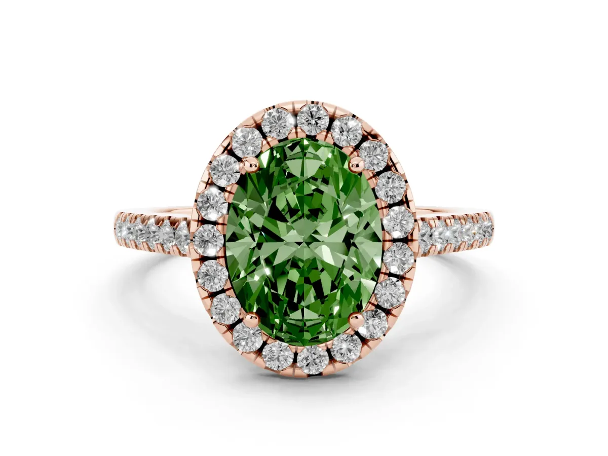 Fancy Green Oval Cut Diamond Pavé Halo Engagement Ring Set in Rose gold with Pavé Band and Prong Setting