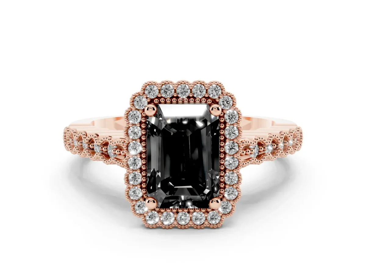 Fancy Black Radiant Cut Diamond Halo Ring Set in Rose gold with Pavé Milgrain Band
