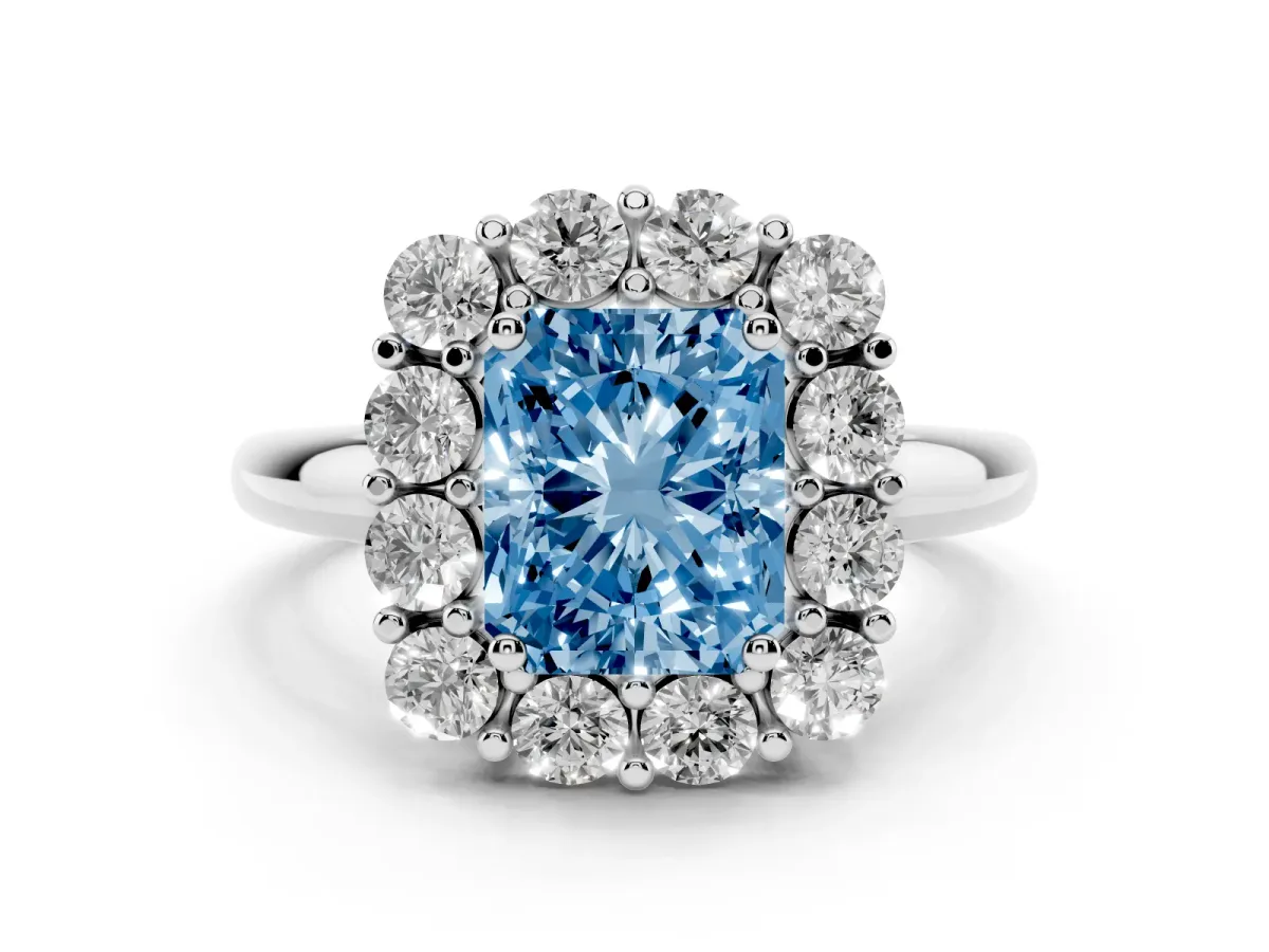 Fancy Blue Radiant Cut Diamond Halo Cluster Engagement Ring Set in White gold with Polished Band and Prong Setting