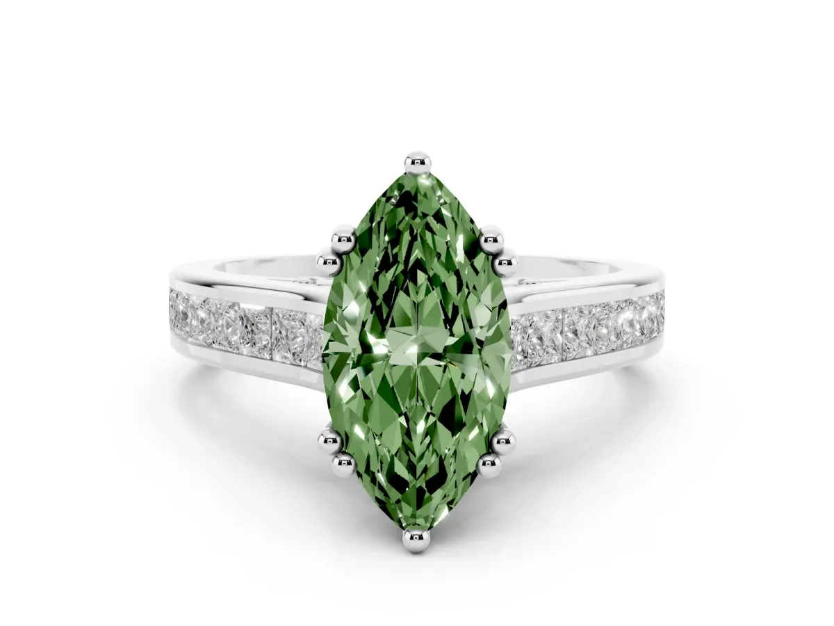 Fancy Green Marquise Cut Diamond Channel Set Solitaire Engagement Ring Set in Platinum with Prong Setting