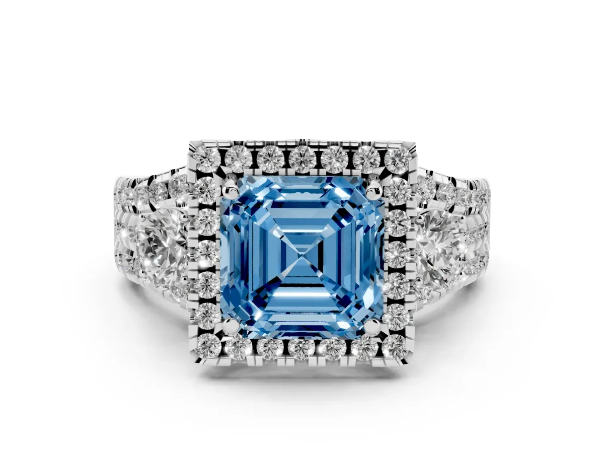 Fancy Blue Asscher Cut Diamond Halo Split Shank Ring Set in Silver with Round Accent Stones and Prong Setting