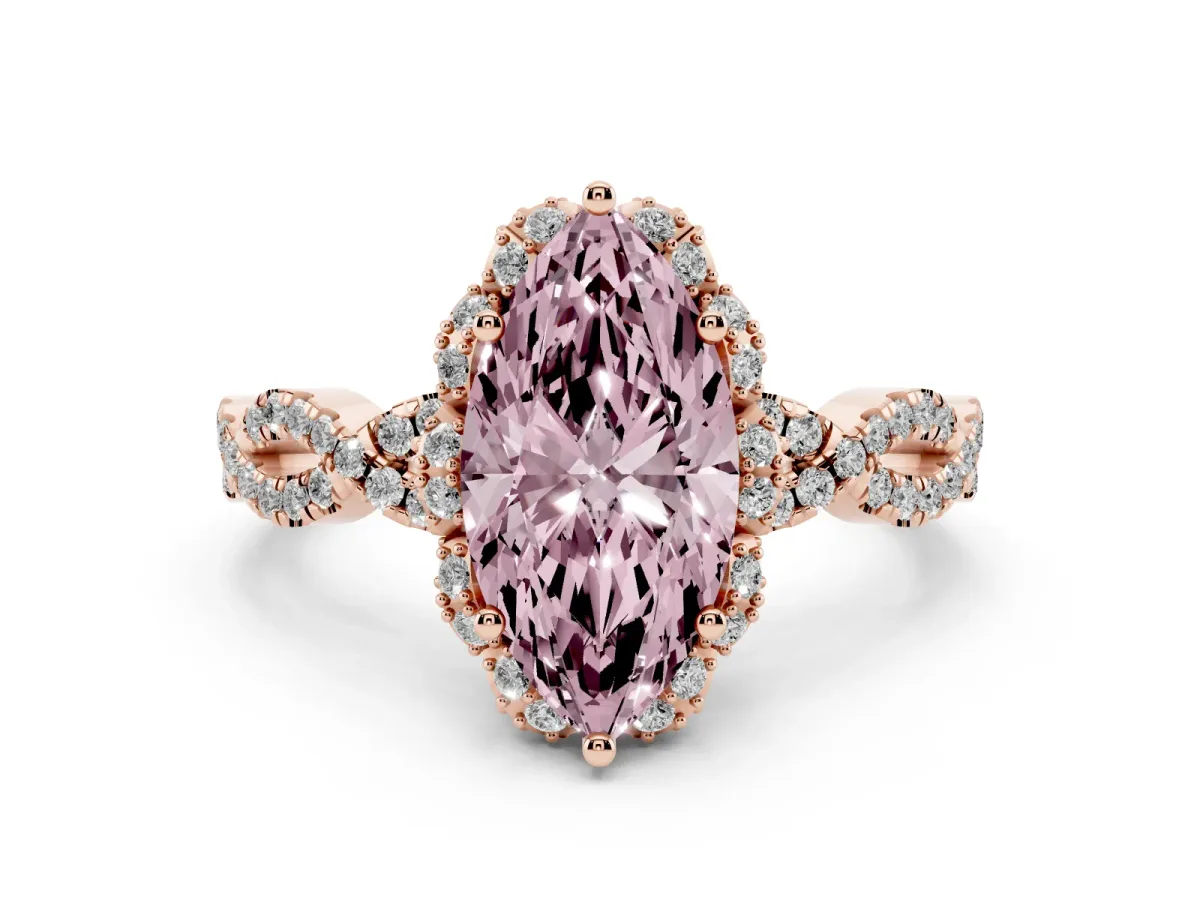 Fancy Pink Marquise Cut Diamond Halo Twist Band Solitaire Ring Set in Rose gold with Prong-Set Center Stone