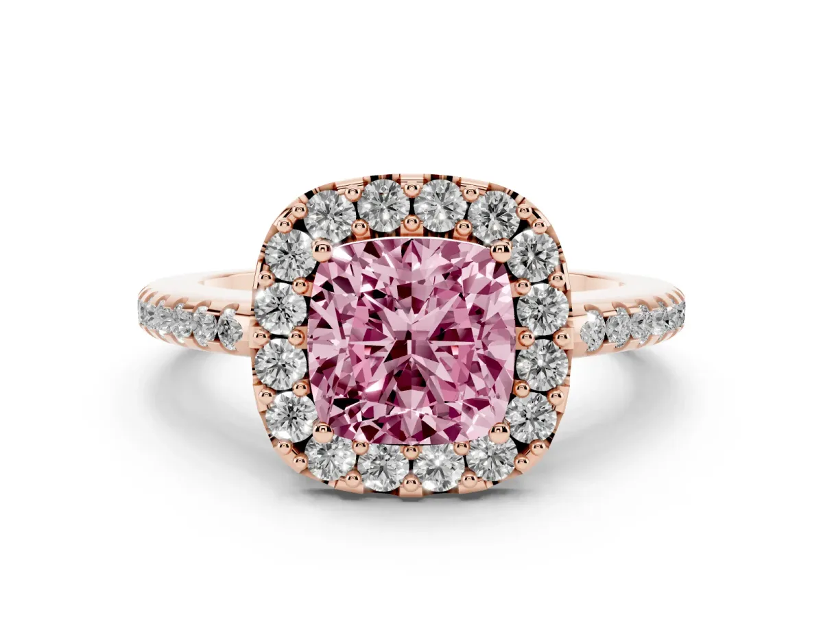 Fancy Pink Cushion Cut Diamond Pavé Halo Ring Set in Rose gold with Prong Setting