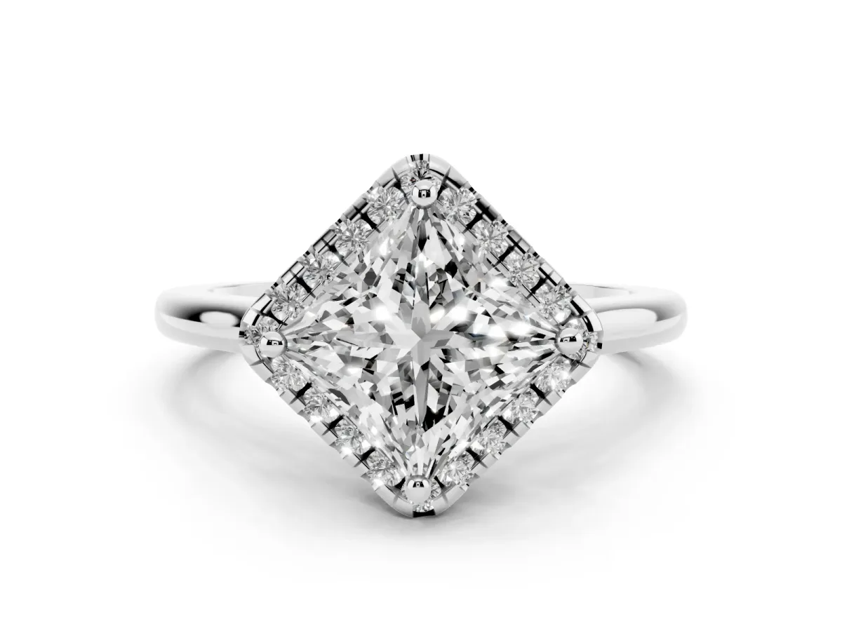 Princess Cut Diamond Halo Engagement Ring Set in White gold with Pavé Band and Rising Shoulders