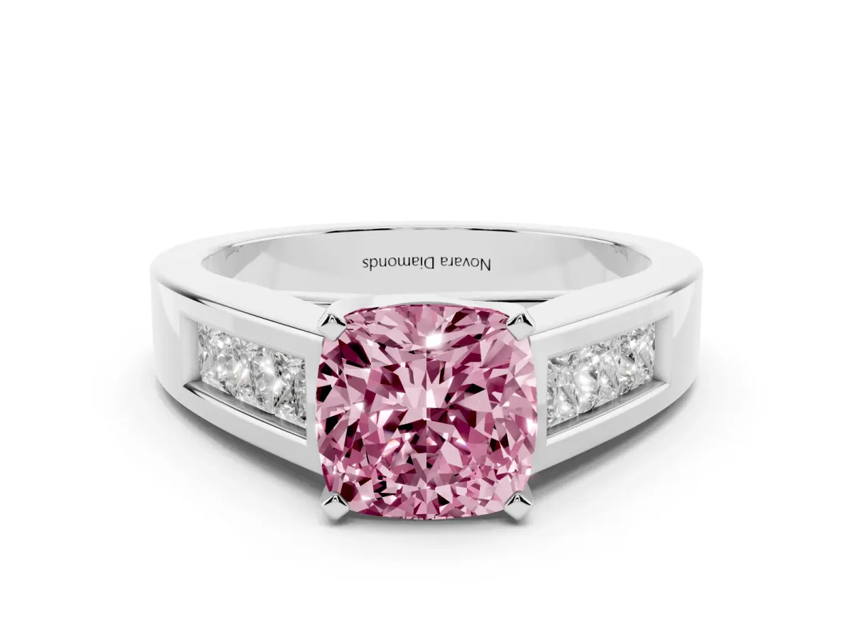 Fancy Pink Cushion Cut Diamond Solitaire Ring Set in Platinum with Channel-Set Accent Stones and Prong Setting