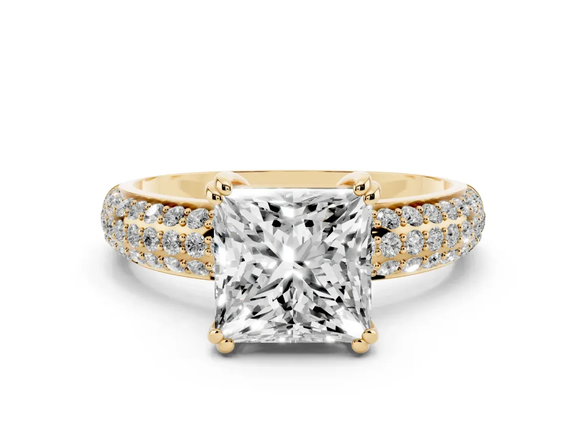 Princess Cut Diamond Solitaire Ring Set in Yellow gold with Multi-Row Round Pavé Band and Prong Setting