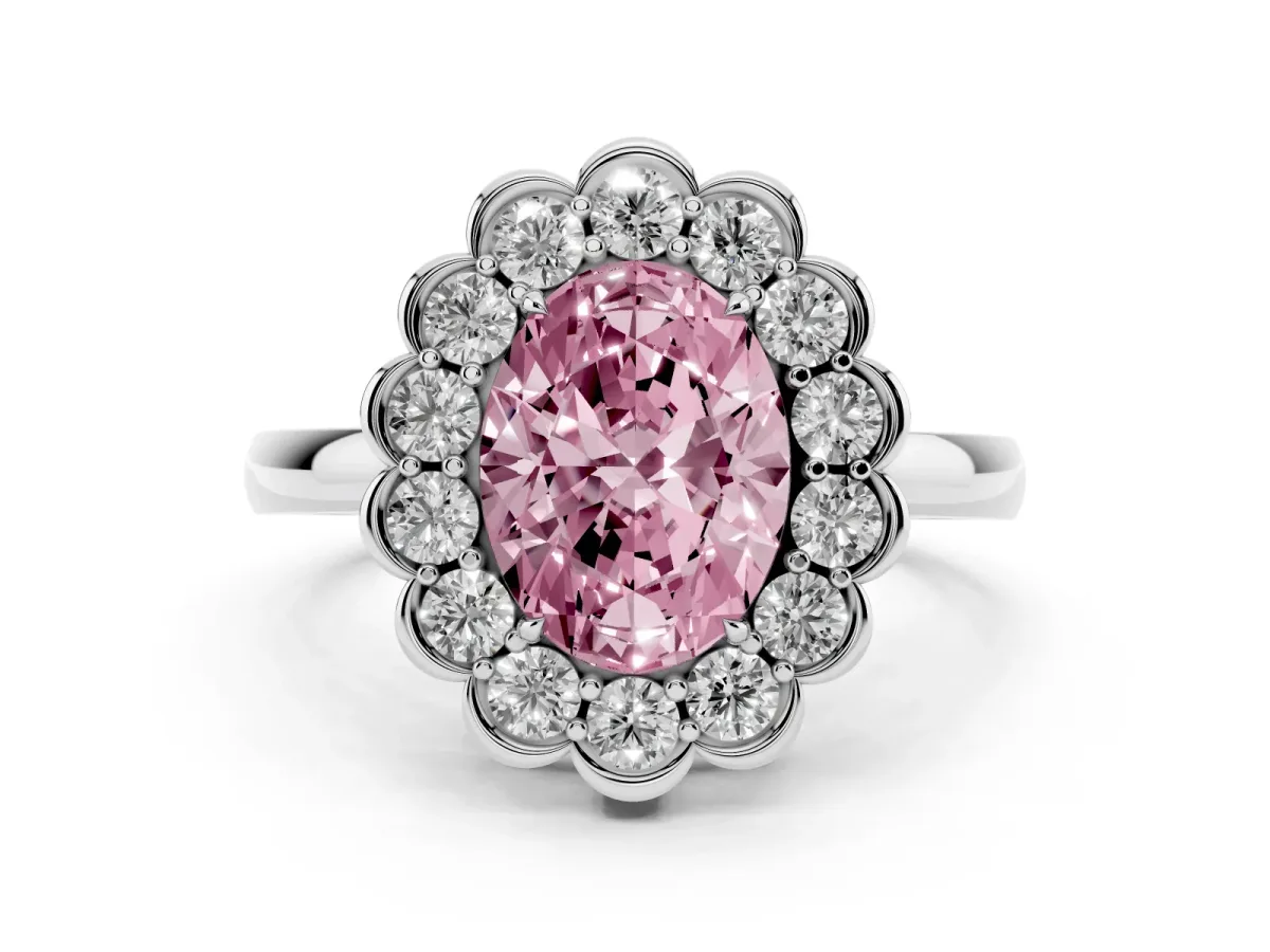 Fancy Pink Oval Cut Diamond Halo Cluster Engagement Ring Set in Platinum with Solitaire Band and Prong Setting