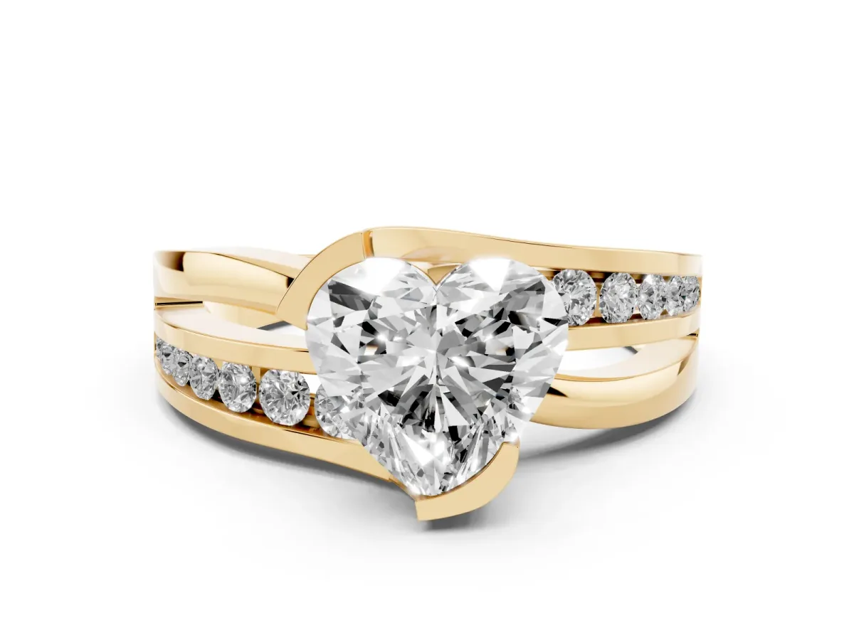 Heart Cut Diamond Solitaire Ring Set in Yellow gold with Channel Set Split Shank and Tension Prongs