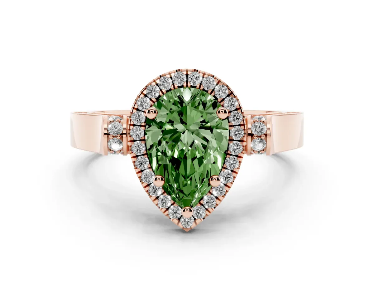 Fancy Green Pear Cut Diamond Halo Ring Set in Rose gold with Pavé-Lined Split Shank Band