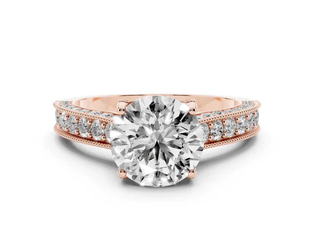 Round Cut Diamond Solitaire Ring Set in Rose gold with Milgrain-Edged Pavé Band and Prong Setting