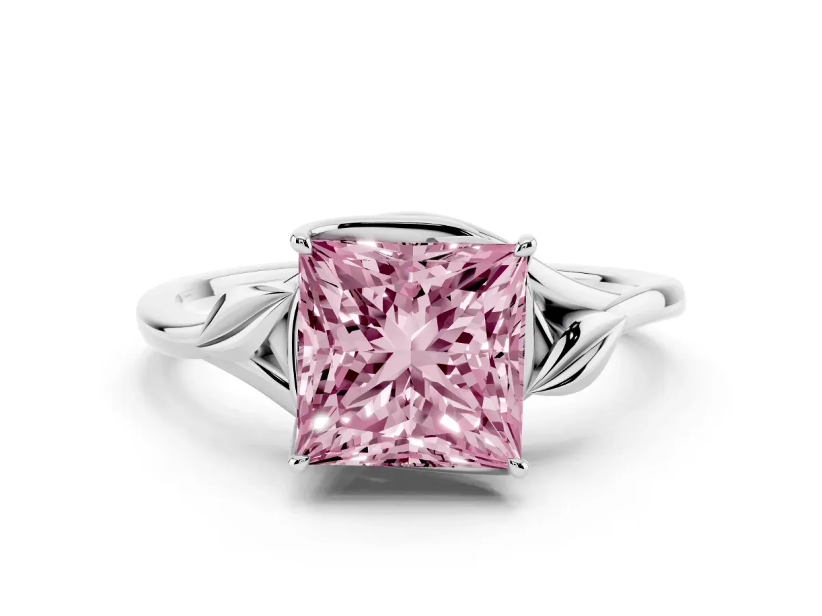 Fancy Pink Princess Cut Diamond Solitaire Ring Set in Silver with Polished Twist Band