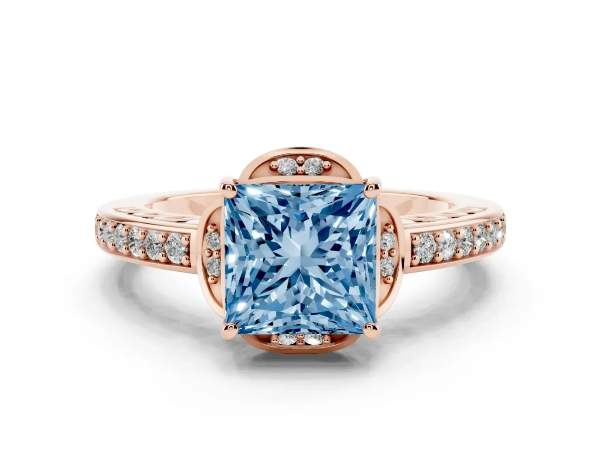 Fancy Blue Princess Cut Diamond Halo Ring Set in Rose gold with Channel Set Band and Prong Setting