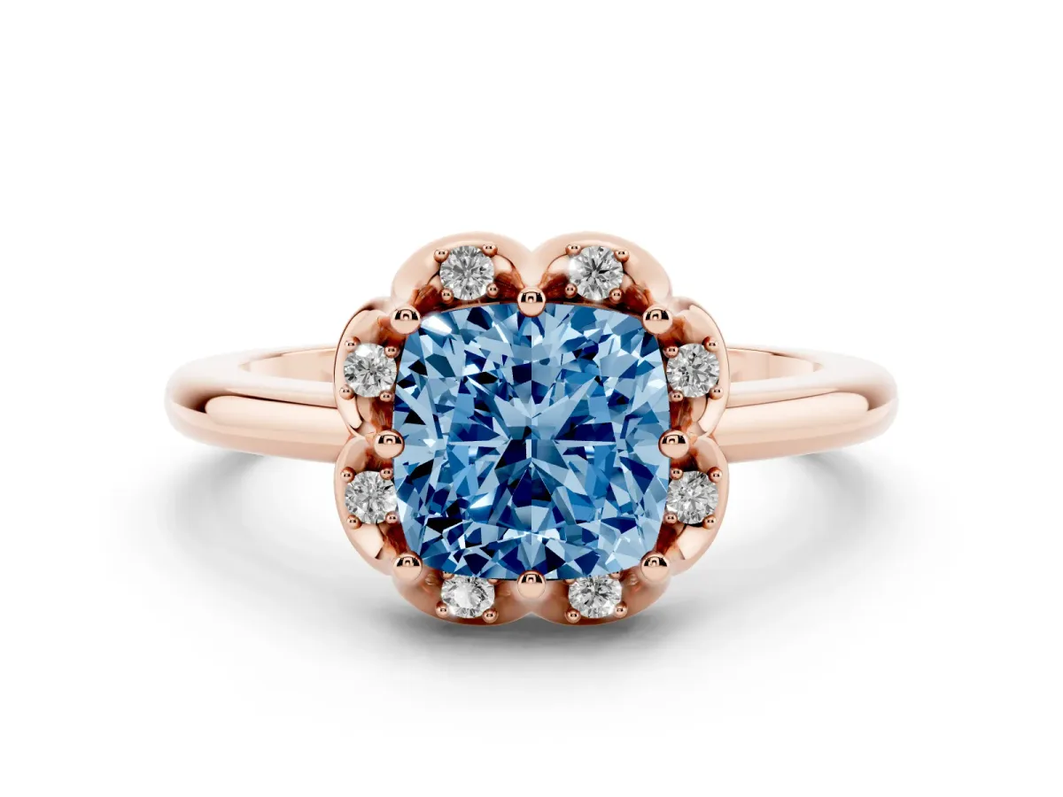 Fancy Blue Cushion Cut Diamond Round Cluster Halo Ring Set in Rose gold with Solitaire Band and Prong Setting