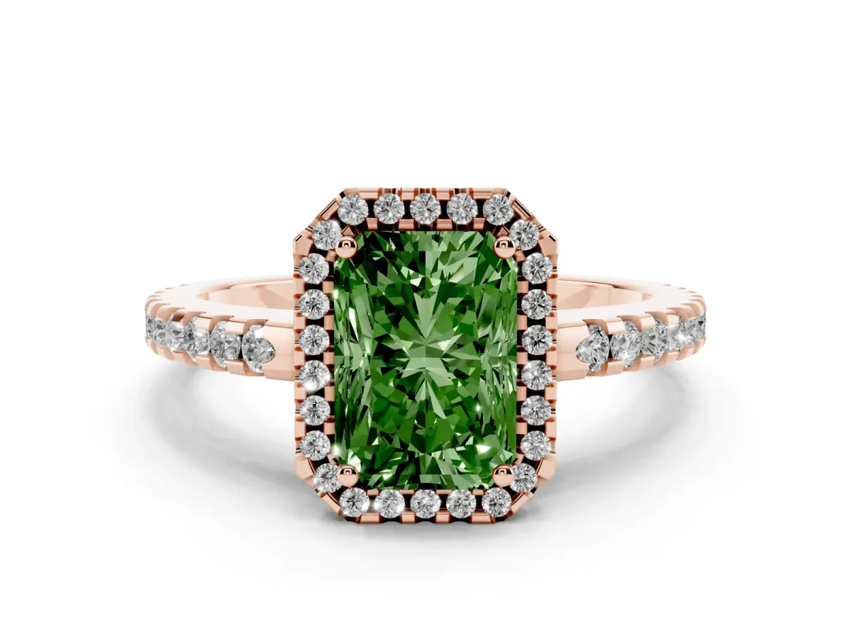 Fancy Green Radiant Cut Diamond Halo Ring Set in Rose gold with Pavé Shoulders and Halo-Framed Center