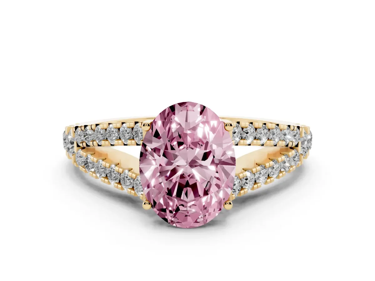 Fancy Pink Oval Cut Diamond Split Shank Pavé Engagement Ring Set in Yellow gold with Prong-Held Center Stone