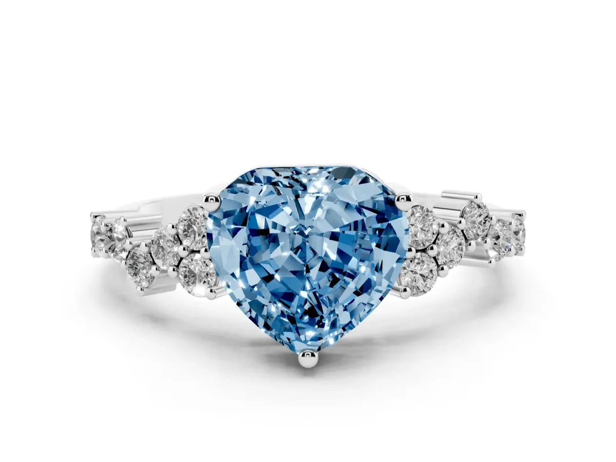 Fancy Blue Heart Cut Diamond Ring Set in White gold with Scattered Round Accents