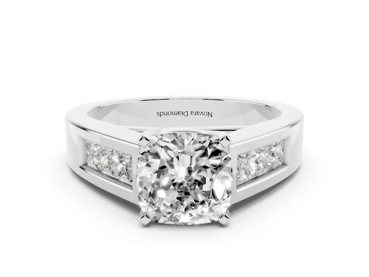 Cushion Cut Diamond Solitaire Ring Set in White gold with Channel-Set Accent Stones and Prong Setting