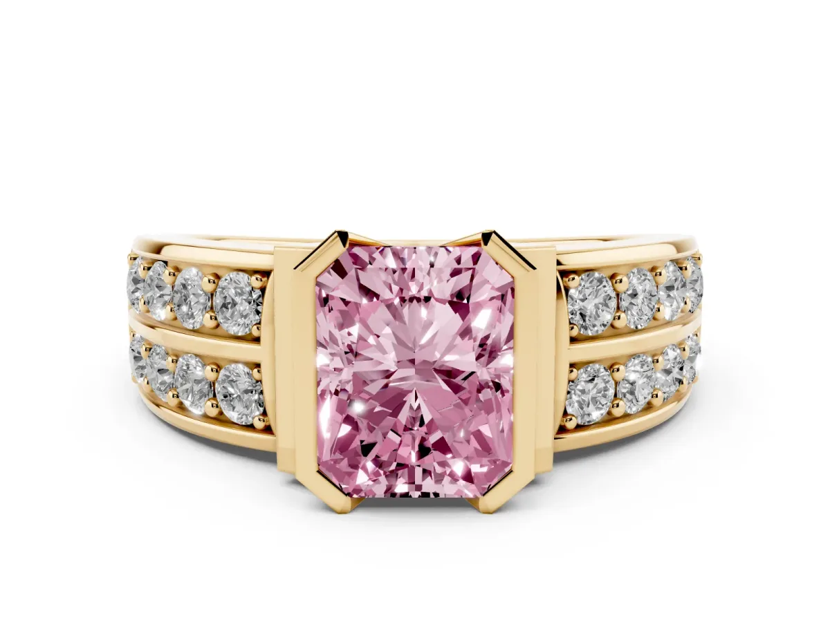 Fancy Pink Radiant Cut Diamond Wide Channel Set Band Ring Set in Yellow gold with Bezel Setting