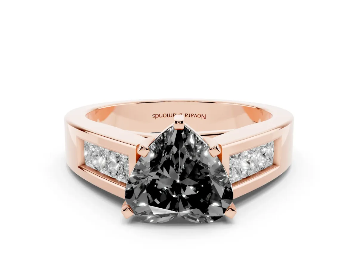 Fancy Black Heart Cut Diamond Solitaire Ring Set in Rose gold with Channel-Set Accent Stones and Prong Setting