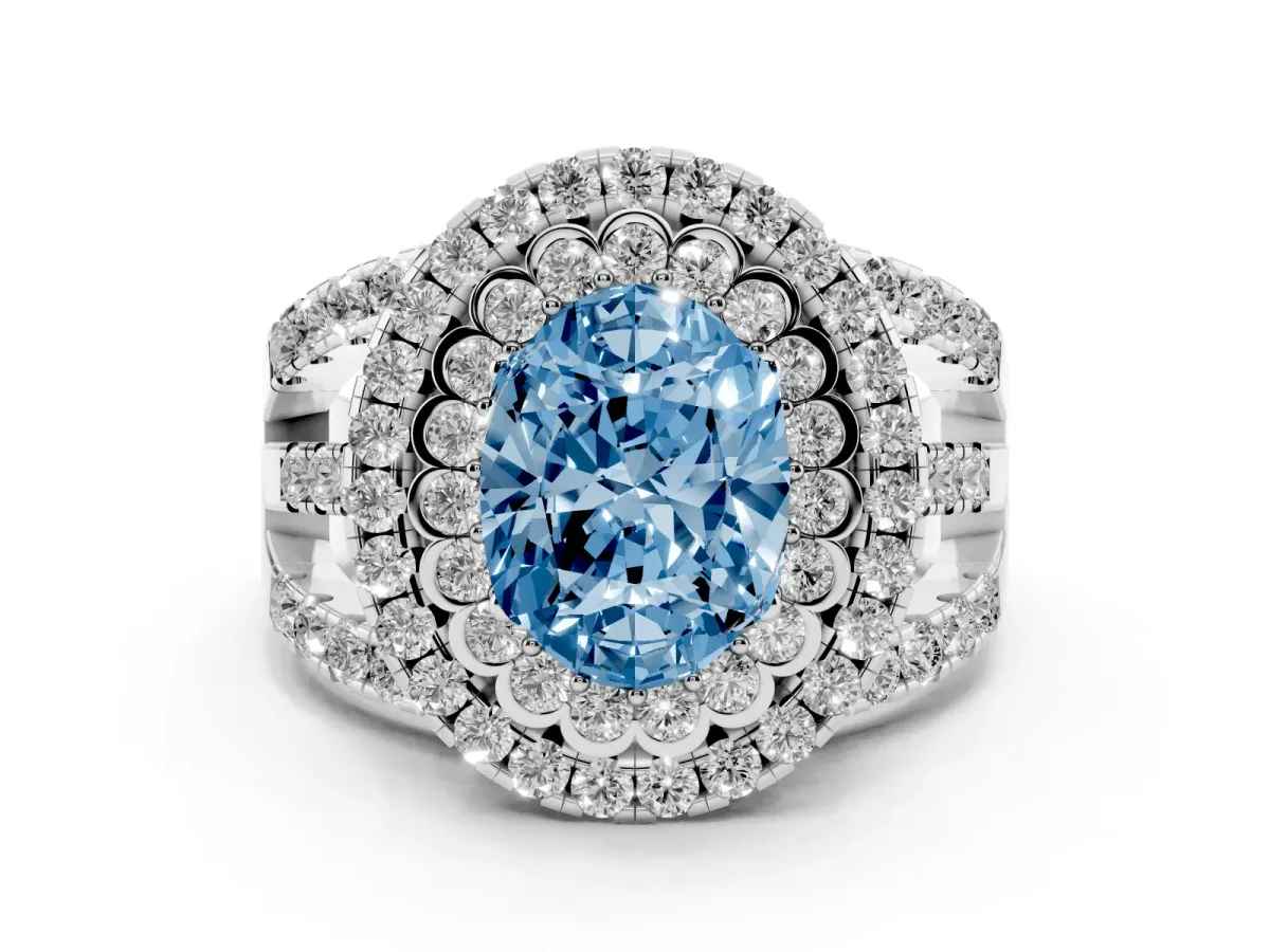 Fancy Blue Oval Cut Diamond Double Halo Ring Set in Platinum with Round Pavé Split Shank