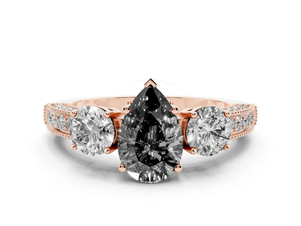 Fancy Black Pear Cut Diamond Three-Stone Ring Set in Rose gold with Round Side Stones and Pavé Band