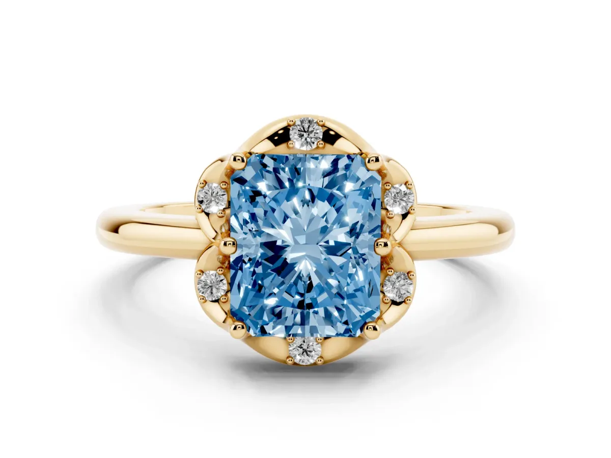 Fancy Blue Radiant Cut Diamond Round Cluster Halo Ring Set in Yellow gold with Solitaire Band and Prong Setting
