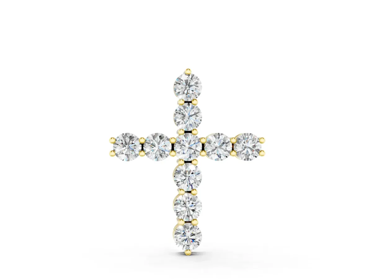 Round Diamond Cross Pendant Set in Yellow gold with Prong-Set Stones