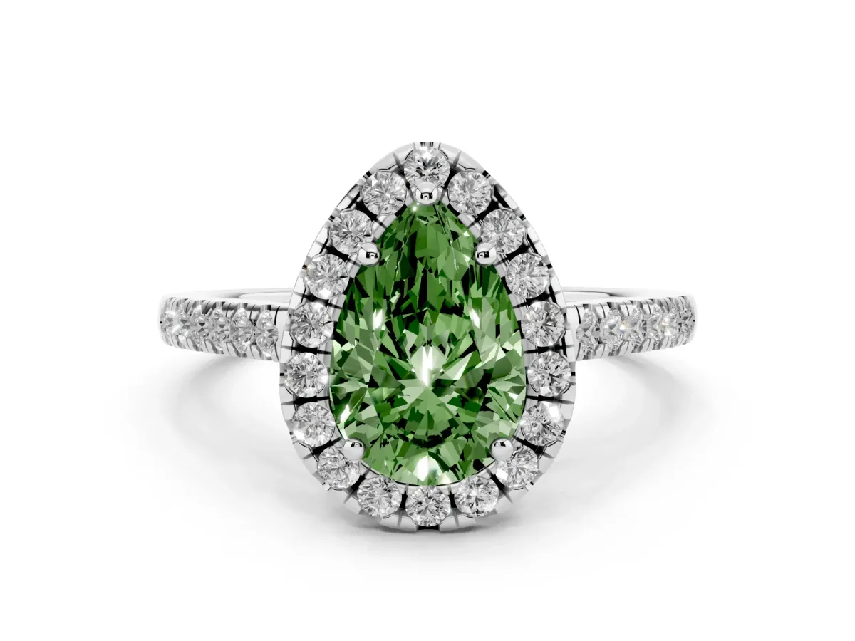 Fancy Green Pear Cut Diamond Pavé Halo Engagement Ring Set in Silver with Pavé Band and Prong Setting