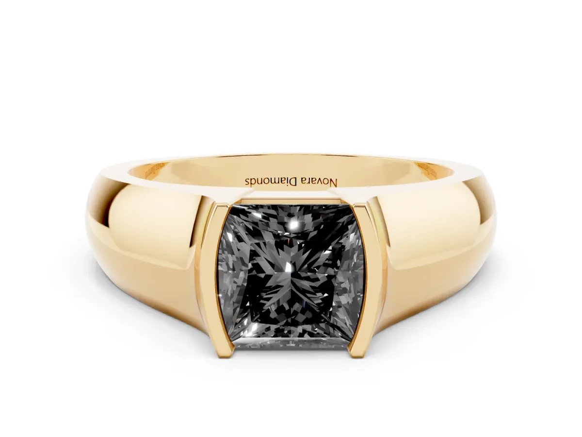 Fancy Black Princess Cut Diamond Bezel Solitaire Ring Set in Yellow gold with Wide Band