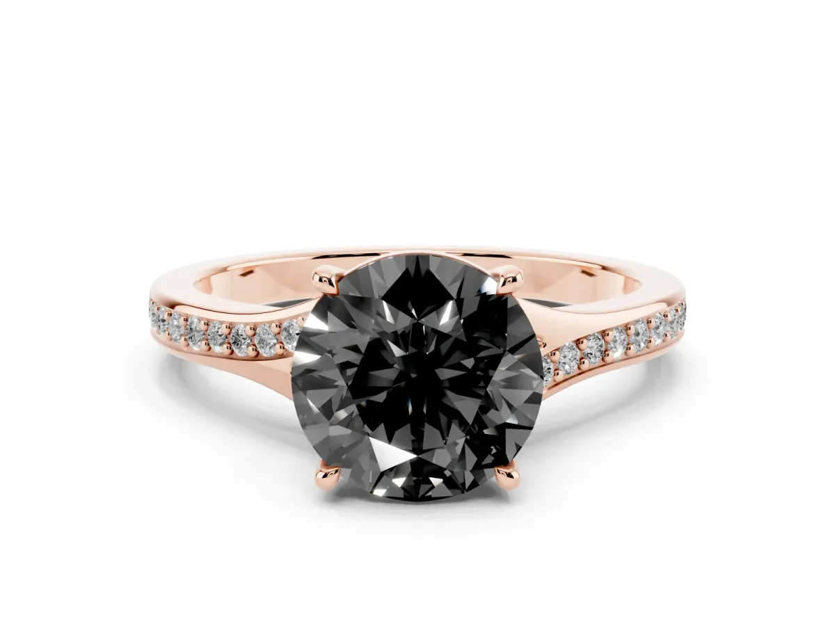 Fancy Black Round Cut Diamond Solitaire Ring Set in Rose gold with Pavé Accent Band and Classic Prong Setting