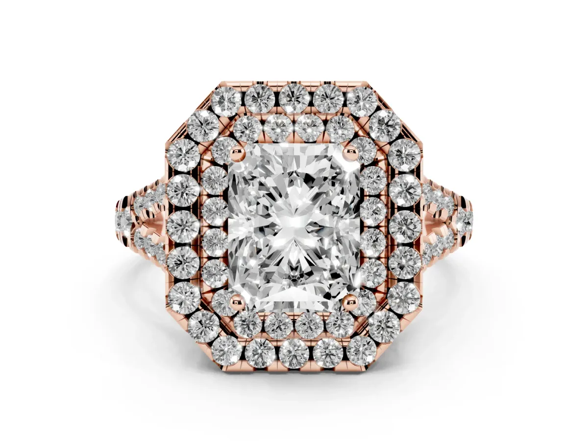 Radiant Cut Diamond Double Halo Ring Set in Rose gold with Pavé Split Shank and Prong Setting