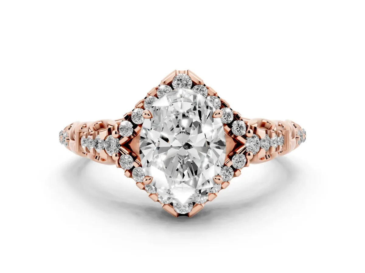 Oval Cut Diamond Solitaire Ring Set in Rose gold with Hidden Halo and Pavé Band
