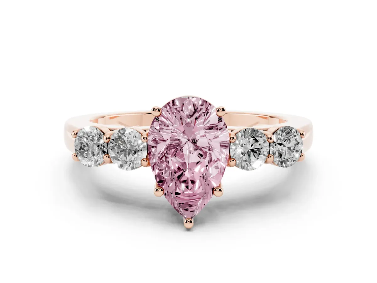 Fancy Pink Pear Cut Diamond Five-Stone Prong Set Band Ring Set in Rose gold with Polished Band
