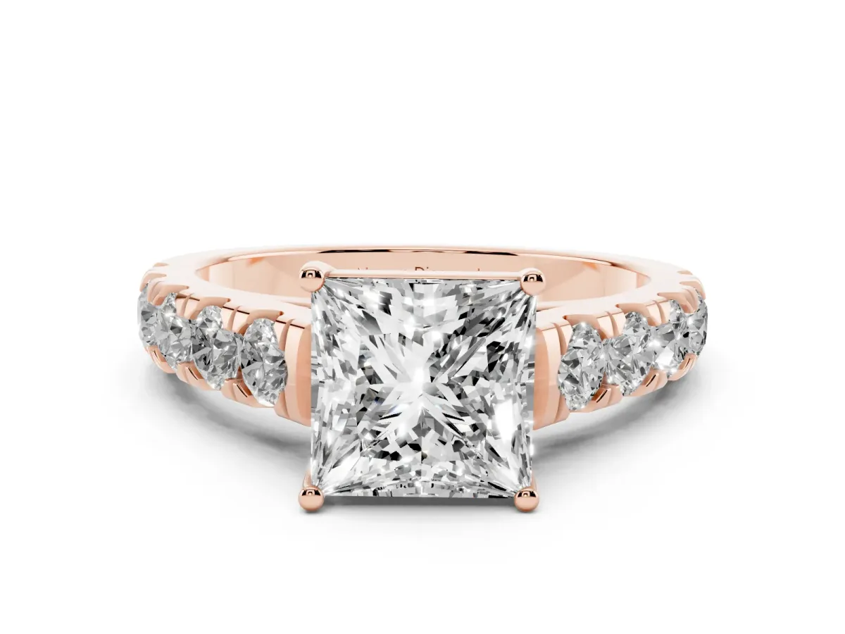 Princess Cut Diamond Solitaire Ring Set in Rose gold with Cut-Down Micro Pavé Band and Prong Setting