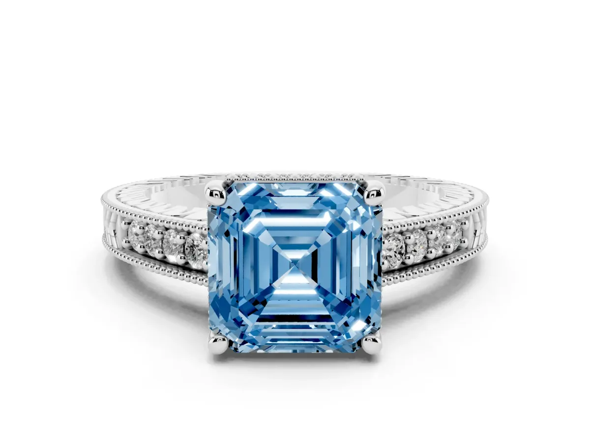 Fancy Blue Asscher Cut Diamond Solitaire Pavé Milgrain Engagement Ring Set in Platinum with Prong Setting