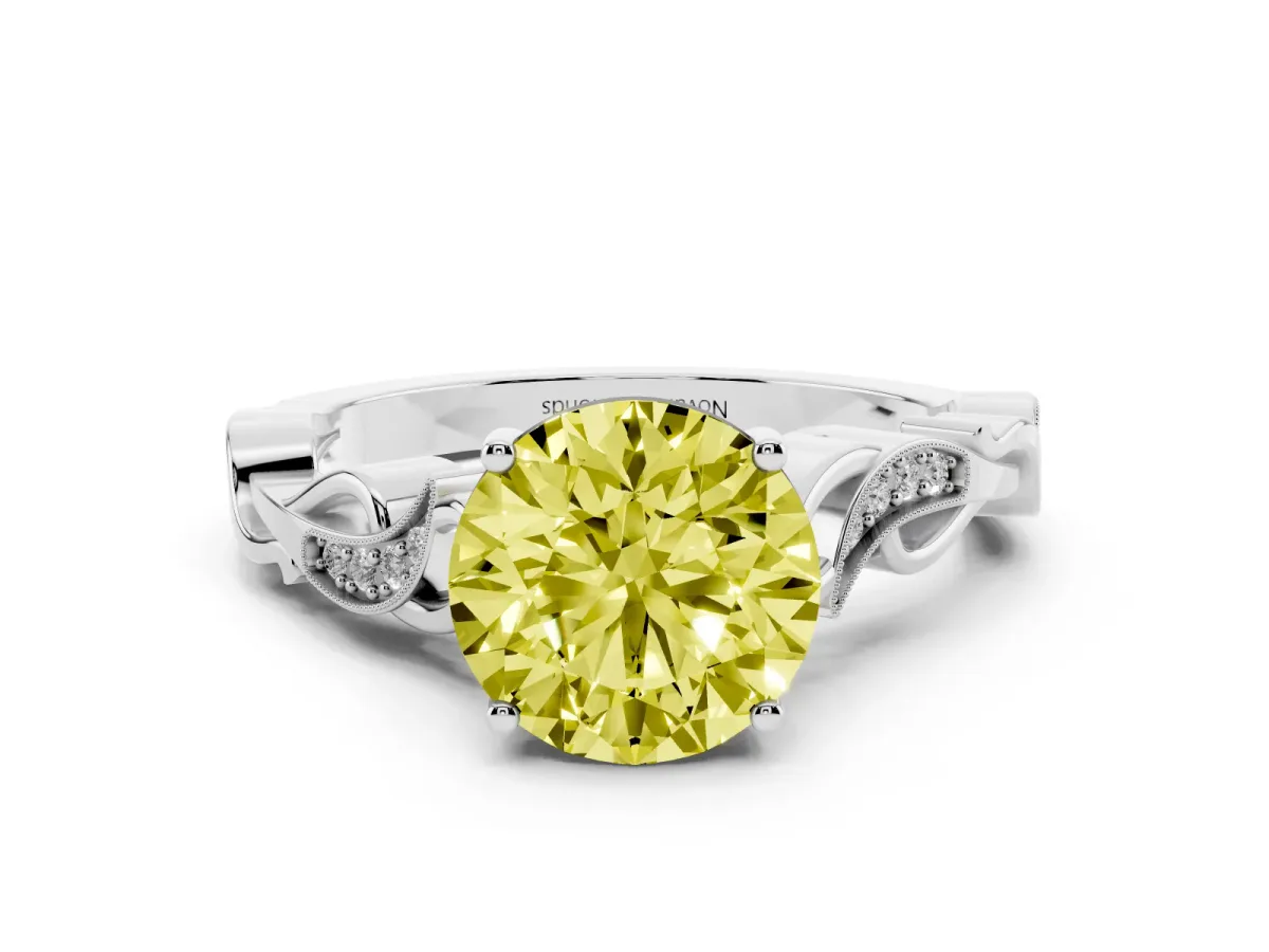 Fancy Yellow Round Cut Diamond Vine Band Solitaire Ring Set in Platinum with Milgrain Prong Setting