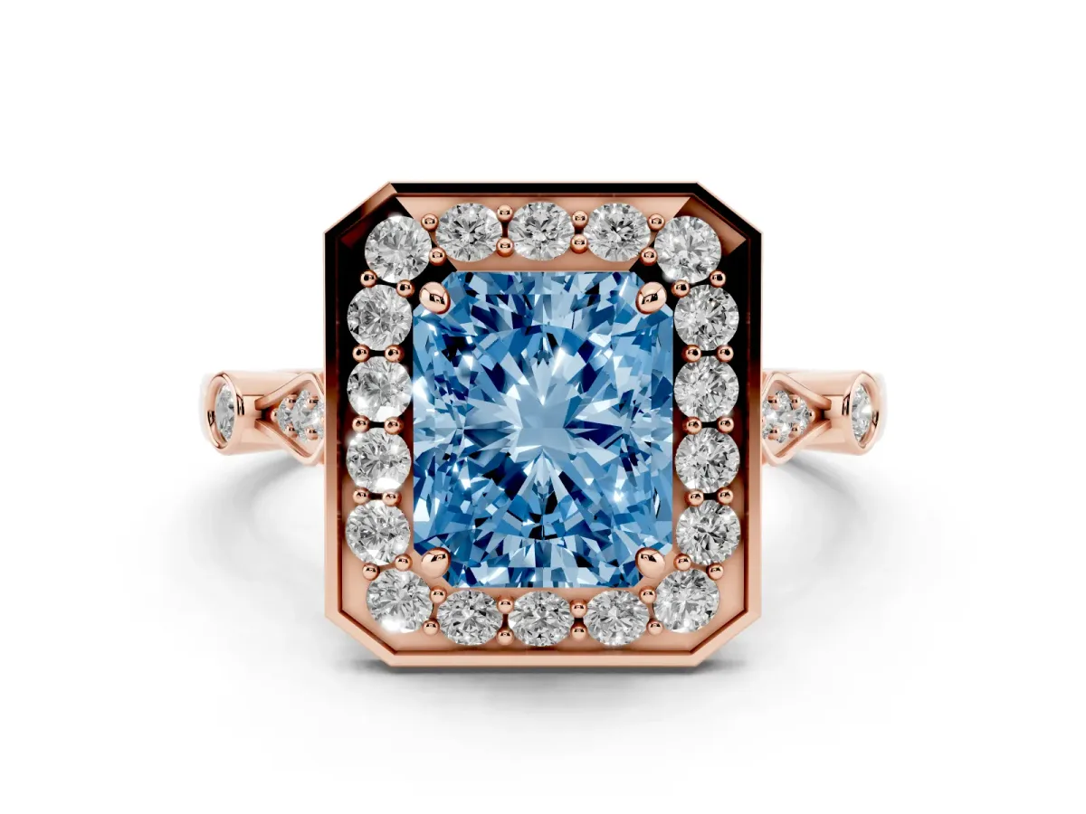 Fancy Blue Radiant Cut Diamond Halo Engagement Ring Set in Rose gold with Twisted Band and Prong Setting
