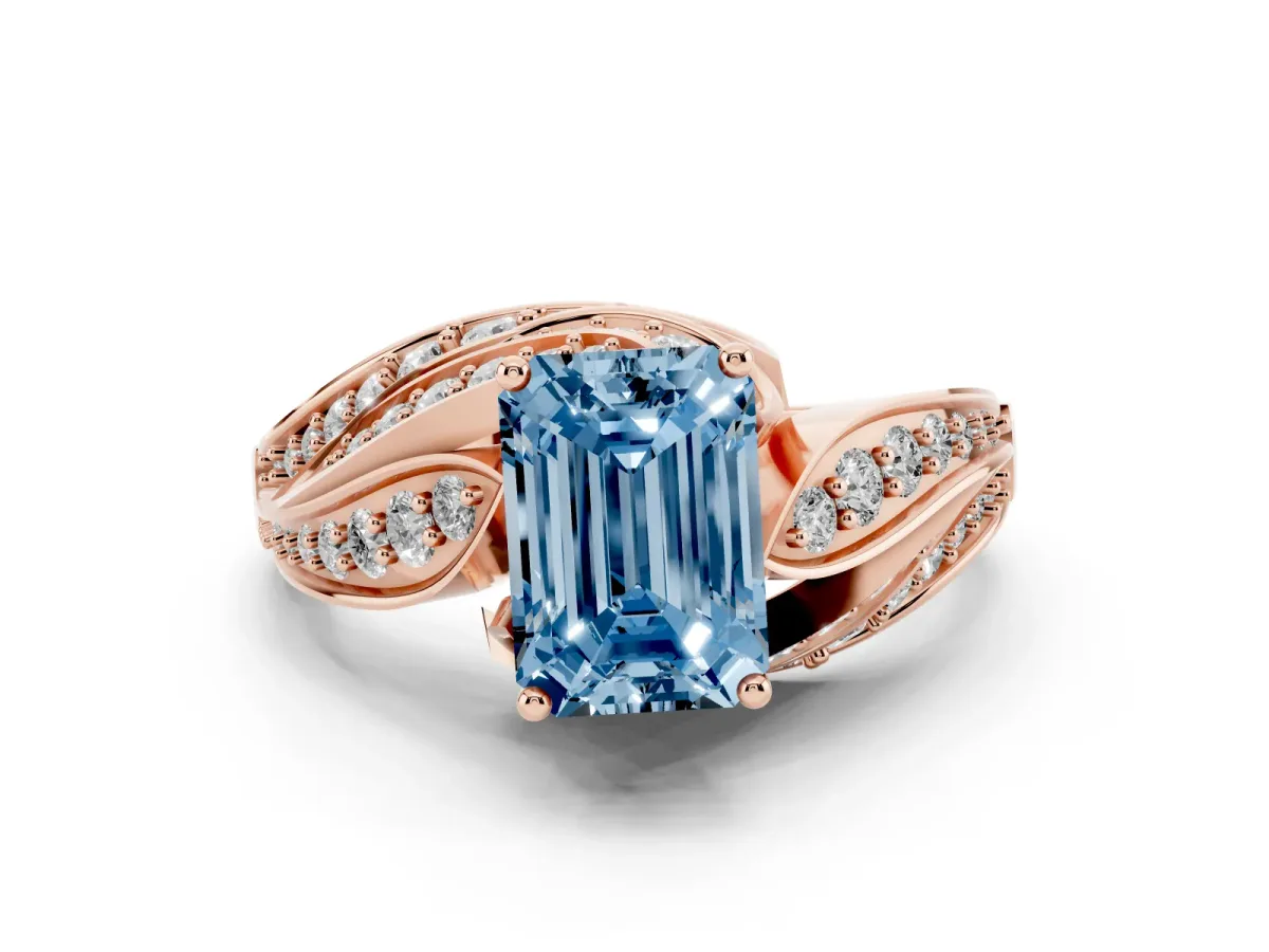 Fancy Blue Emerald Cut Diamond Solitaire Ring Set in Rose gold with Layered Twist Pavé Band