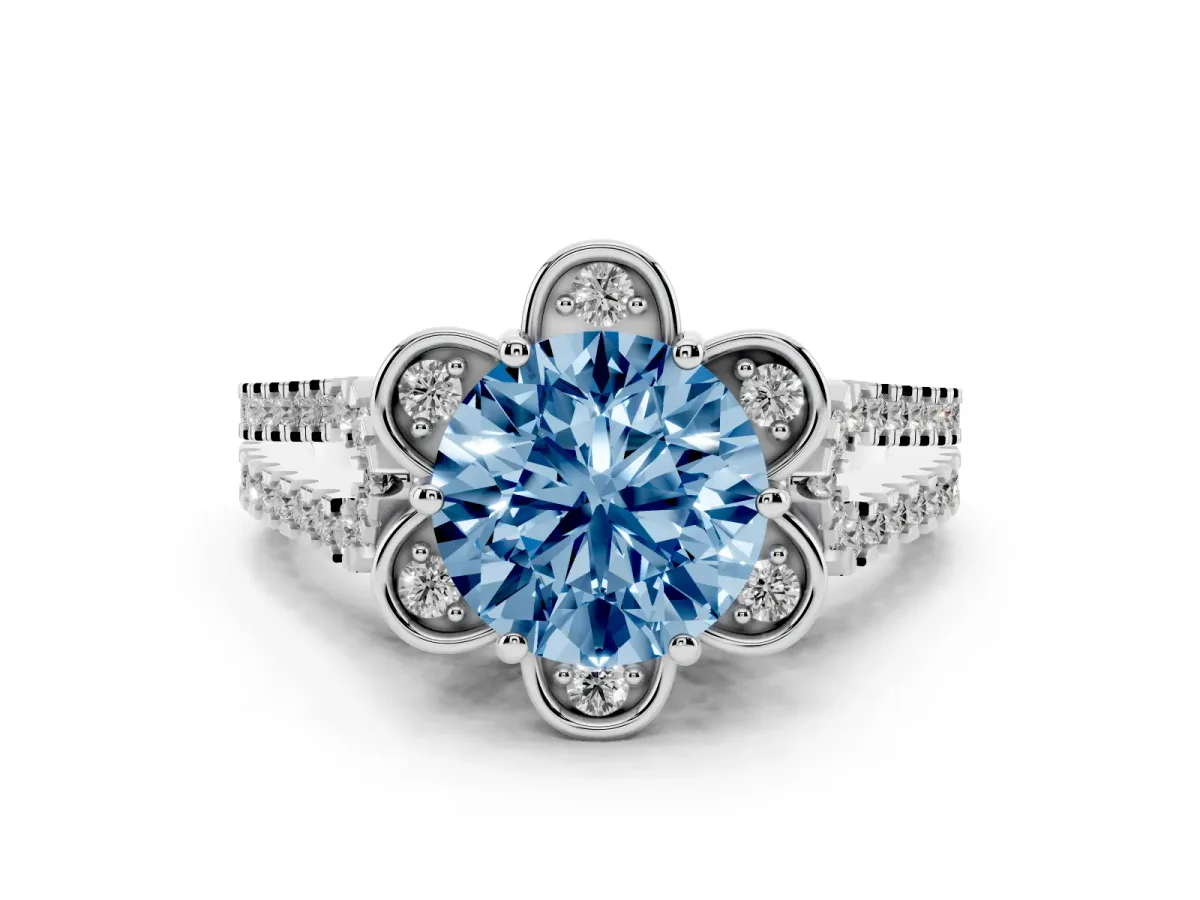 Fancy Blue Round Cut Diamond Floral Halo Split Shank Engagement Ring Set in Silver with Pavé Shank