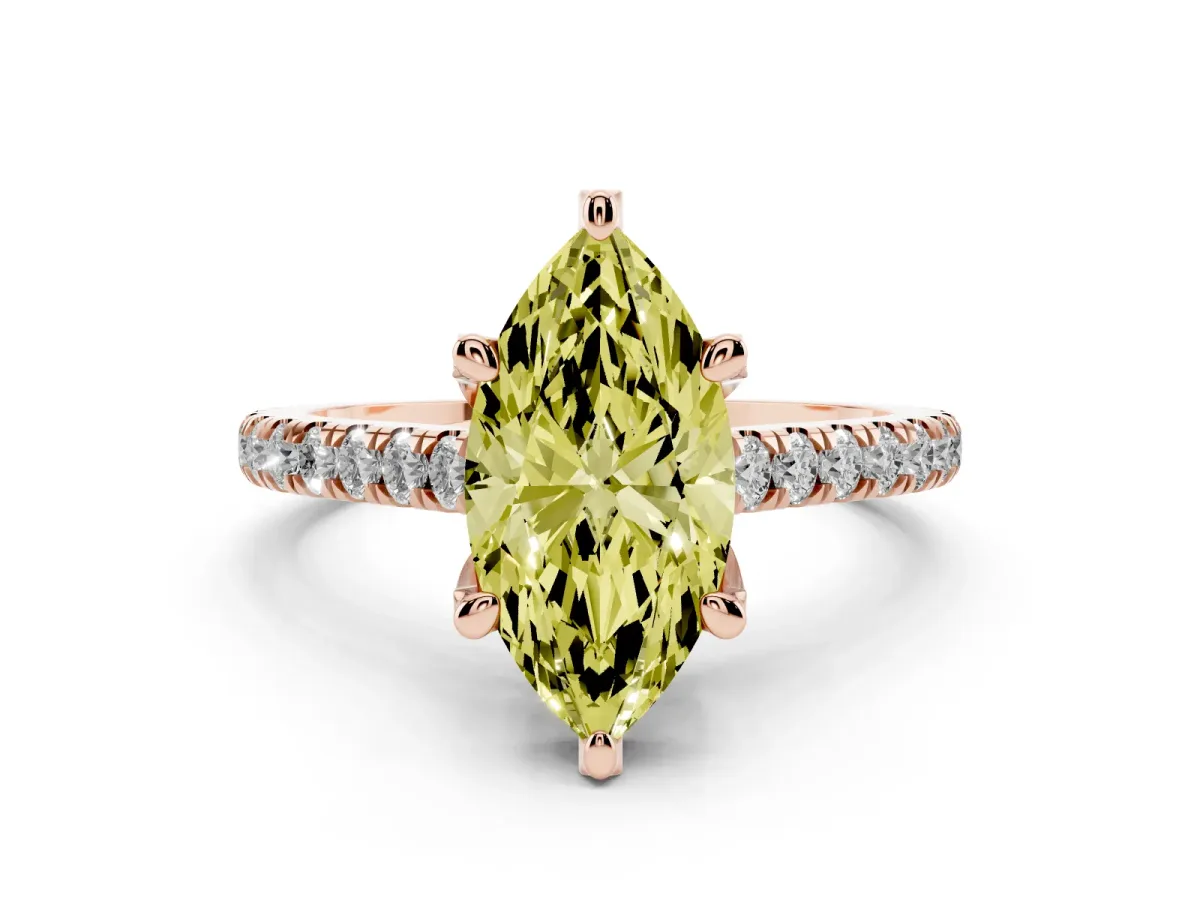 Fancy Yellow Marquise Cut Diamond Solitaire Ring Set in Rose gold with Brilliant Pavé Band and Prong Setting