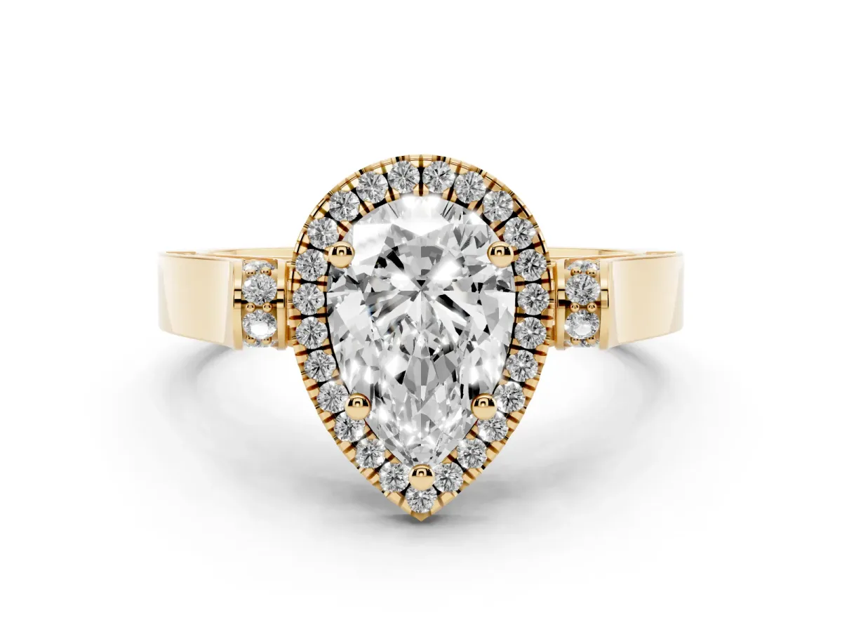 Pear Cut Diamond Halo Ring Set in Yellow gold with Pavé-Lined Split Shank Band
