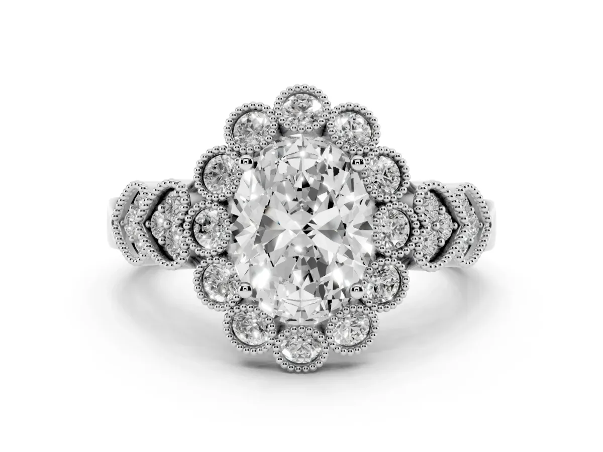 Oval Cut Diamond Solitaire Ring Set in White gold with Milgrain Pavé Heart Band
